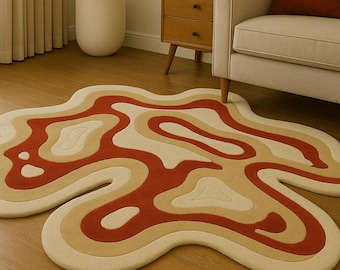 Hand-Tufted Wool Rug: Retro Abstract Wave, Organic Shape