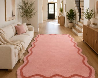 Scalloped Pink Hand Tufted Wool Rug, Modern Blush Area Carpet, Minimalist Handmade Décor