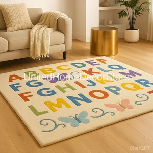 K&ouml;nnte beinhalten: Ein rechteckiger cremefarbener Teppich mit dem Alphabet in verschiedenen Farben. Die Buchstaben sind gro&szlig; und fett, mit einem Schmetterlingsdesign in der Ecke. Der Teppich liegt auf einem Holzboden, mit einem Sofa und einem Beistelltisch im Hintergrund.