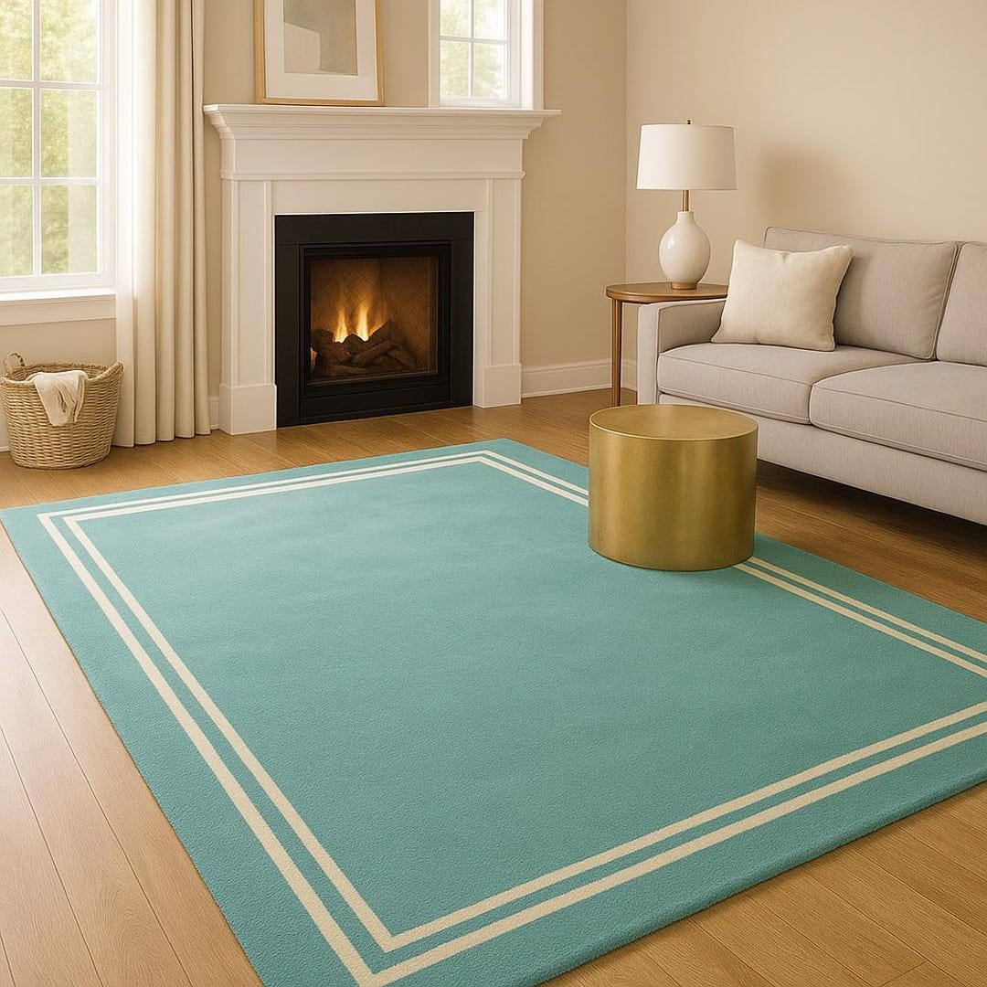 Minimal Border Hand Tufted Wool Area Rug – Aqua Blue Modern Living Room ...