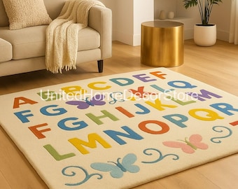 Handgetufteter Alphabet-Teppich aus Wolle, bunter ABC-Kinderzimmerteppich, Schmetterling-Spielzimmerdekor