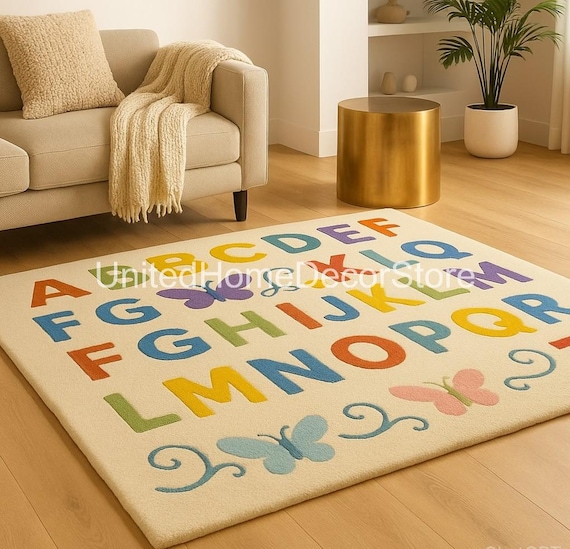 Hand Tufted Wool Alphabet Rug, Colorful ABC Nursery Carpet, Butterfly Playroom Decor