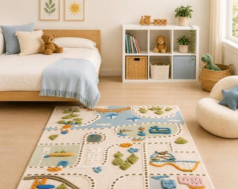 Abstract Landscape Wool Rug – Hand Tufted Modern Nursery Rug for Kids Room