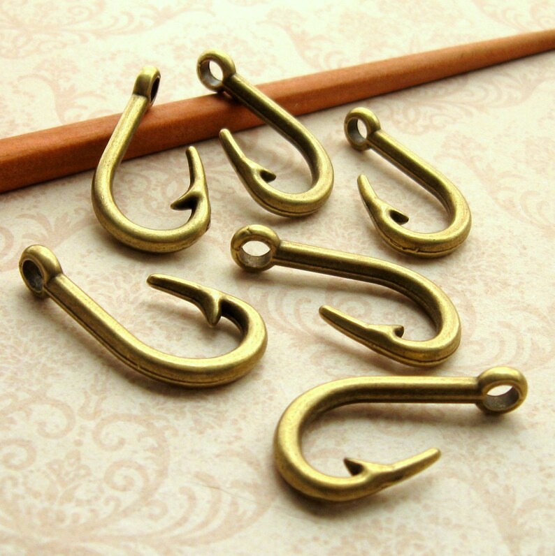 Bronze Fish Hook Charms 38mm Set of 6 Antique Bronze Etsy