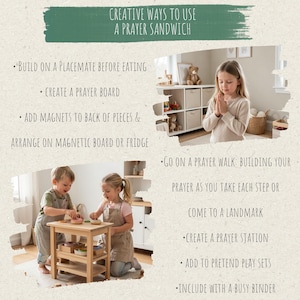 May include: An instructional graphic titled Creative Ways to Use a Prayer Sandwich. It lists methods like building on a placemate, creating a prayer board, adding magnets, prayer walks, stations, and busy binders, with photos of children playing.