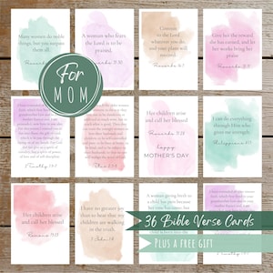 May include: A set of 36 Bible verse cards for Mom, featuring inspirational quotes and watercolor backgrounds in shades of pink, green, and beige. The cards include text such as "Happy Mother's Day" and "For Mom."