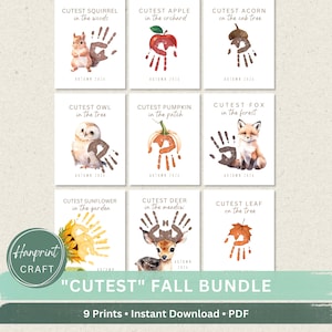 Puede incluir: Un conjunto de nueve láminas de arte imprimibles con ilustraciones en acuarela de animales y plantas de otoño, incluyendo una ardilla, manzana, bellota, búho, calabaza, zorro, girasol, ciervo y hoja, cada una con huella y texto.