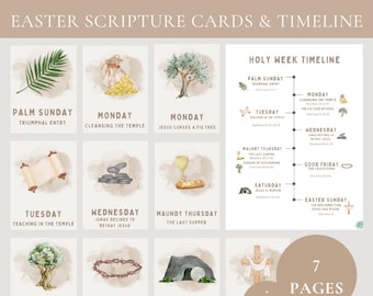 Tarjetas con historias bíblicas de Semana Santa de Pascua para niños con temas de colores neutros + Cronología imprimible en PDF - Tarjetas didácticas cristianas para la educación en casa - Lecciones de la escuela dominical