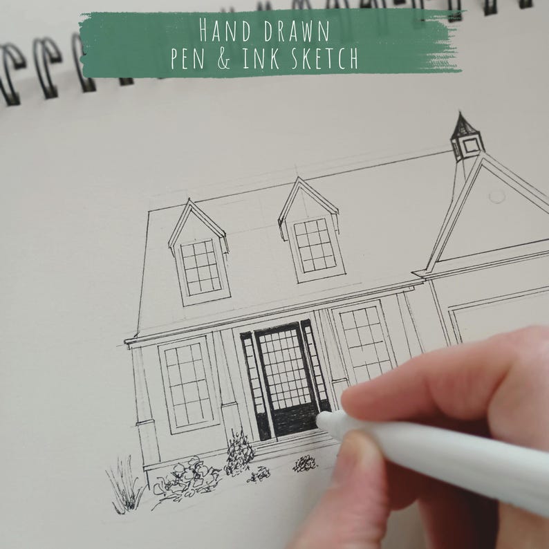 Custom Hand Drawn House Portrait Sketch: Black and White Pen Ink ...
