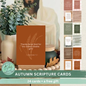 May include: A set of 24 rectangular scripture cards featuring earthy tones and white line art illustrations of wheat and pumpkins. Each card displays a unique religious verse in white text, presented in a grid layout with varied backgrounds.