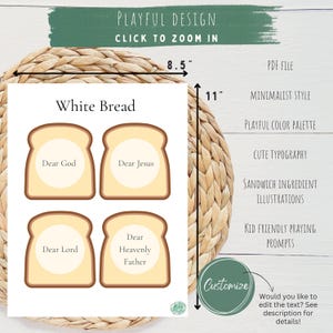 May include: A digital printable document titled White Bread featuring four illustrations of bread slices. Each slice contains a prayer prompt: Dear God, Dear Jesus, Dear Lord, and Dear Heavenly Father. The document measures 8.5 inches by 11 inches.