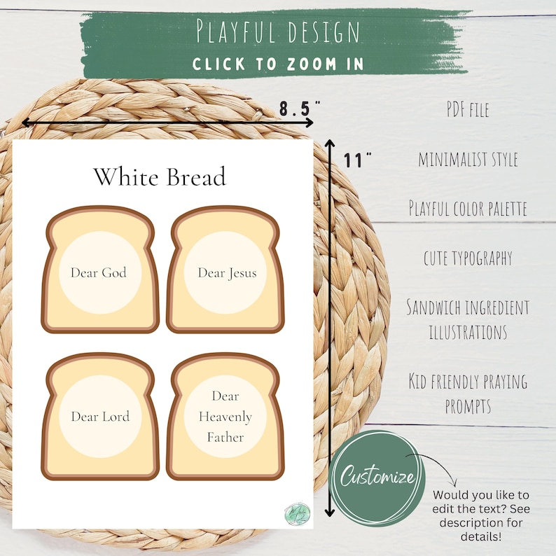 May include: A digital printable document titled White Bread featuring four illustrations of bread slices. Each slice contains a prayer prompt: Dear God, Dear Jesus, Dear Lord, and Dear Heavenly Father. The document measures 8.5 inches by 11 inches.