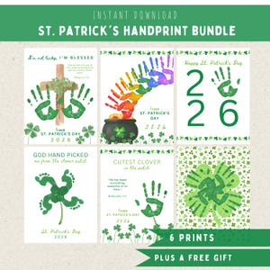 Puede incluir: Un paquete digital de huellas de manos para el Día de San Patricio con seis impresiones. Los diseños incluyen arte de huellas de manos, tréboles y texto. Las impresiones están etiquetadas como "Happy St. Patrick's Day 2026."