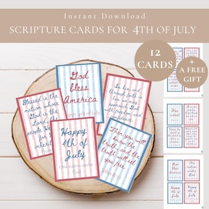 Cartões de Escrituras do 4 de Julho para Imprimir em PDF PNG - Etiquetas do 4 de Julho - Cartões de Versículos Bíblicos do Dia da Independência dos EUA - Folhetos da Igreja Cristã