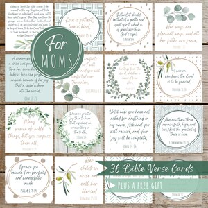 May include: Set of 36 Bible verse cards with inspirational quotes for moms, featuring botanical illustrations and a variety of verses. The cards are arranged on a wooden background, with the words "For Moms" in a circular design.