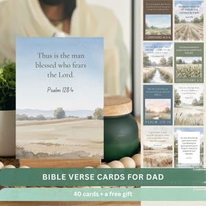 May include: A set of rectangular cards featuring watercolor landscape illustrations and printed Bible verses. The primary card displays the text Thus is the man blessed who fears the Lord. Psalm 128:4 above a field and distant hills.