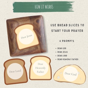May include: A square wooden tray and four bread-shaped cards with the text HOW IT WORKS, USE BREAD SLICES TO START YOUR PRAYER, 4 PROMPTS, Dear God, Dear Jesus, Dear Lord, and Dear Heavenly Father printed in black on a light textured background.