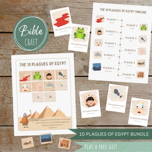 May include: A collection of educational materials titled "Bible Craft" and "10 Plagues of Egypt Bundle." The bundle includes illustrated cards and a timeline depicting the ten plagues. The images feature frogs, gnats, flies, and other biblical elements.
