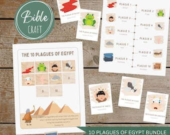 Puede incluir: Un conjunto de materiales educativos titulados "Bible Craft" y "10 Plagues of Egypt Bundle". El paquete incluye tarjetas ilustradas y una línea de tiempo que representa las diez plagas. Las imágenes presentan ranas, mosquitos, moscas y otros elementos bíblicos.