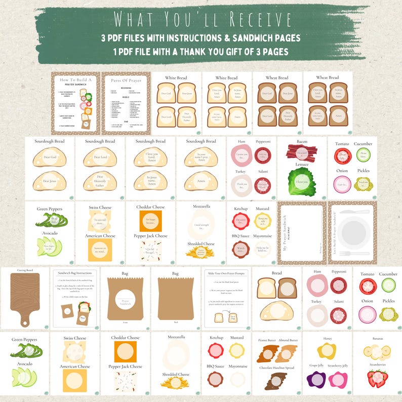 May include: A digital printable set featuring multiple pages of sandwich-themed graphics, including bread slices, various meats, cheeses, vegetables, and condiments, with text labels like "What You'll Receive" and "How To Build A Prayer Sandwich."