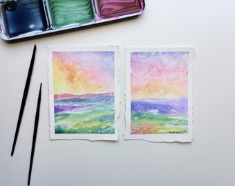 Sky　アメリ　WATERCOLOR PAINT FLORAL Bright Colorful Abstract Morning Sunrise Wild Flower Meadow