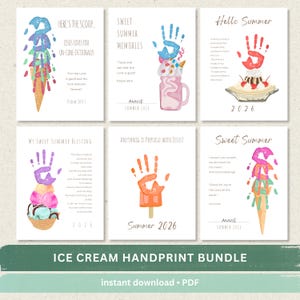 May include: A digital bundle of six printable art cards featuring colorful handprint illustrations of ice cream cones, sundaes, and popsicles. Each card includes religious text, summer-themed phrases, and space for names and the year 2026.