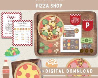 May include: A pretend play pizza shop set with various pizza toppings, a pizza, order forms, play money, and a bottle of cola. The set includes a pizza with pepperoni and a pizza with toppings like mushrooms and green peppers.