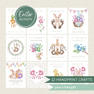 May include: A collection of 12 Easter-themed handprint crafts. The designs include bunnies, crosses, and eggs, with phrases like "Happy Easter" and "He Has Risen." The crafts are colorful and suitable for children's activities.