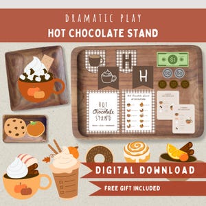 Fall Hot Chocolate Stand Pretend Dramatic Play Printable-Autumn Bakery Sequencing Recipe Cards-Toddler Montessori Activity