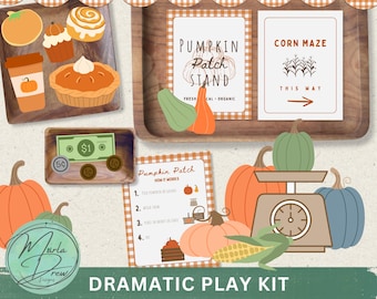Puede incluir: Un kit de juego dramático con temática de huerto de calabazas con letreros que dicen PUMPKIN PATCH STAND, CORN MAZE THIS WAY y HOW IT WORKS. Incluye dinero de papel, monedas, una báscula, varias calabazas e ilustraciones en bandejas de madera.