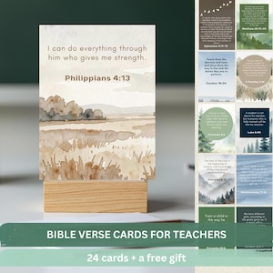 May include: A set of 24 rectangular Bible verse cards for teachers, featuring watercolor landscapes in muted earth tones. Each card displays a specific scripture passage. One card is displayed on a light wood stand, showing the text Philippians 4:13.