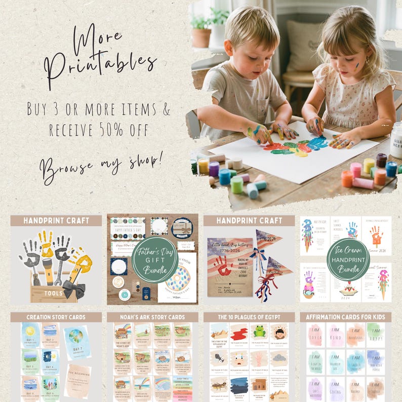 May include: A digital collage featuring a top image of two children finger painting on paper, surrounded by various printable craft sets including handprint tools, Father's Day bundles, story cards, and affirmation cards for children.