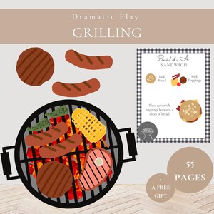 Grilling Dramatic Play Printables-Grilled Food Pretend Play-Cafe Role Play-DIY Imaginative Play Paper Play Food-Cooking With Dad Activity