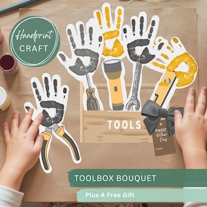 May include: A DIY craft kit featuring paper cutouts of handprints in black and yellow, designed to look like tools including a screwdriver, flashlight, wrench, and level. The set includes a paper toolbox with the text TOOLS and a gift tag with the text happy Father Day.