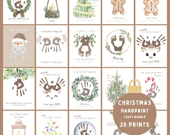 Christmas Handprint Craft Bundle Printables-Neutral Color Holiday 2025 Fingerprint Digital Art Keepsake-Kids Footprint Painting Activity Set