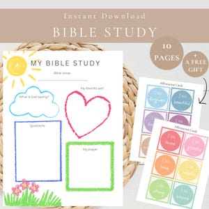 May include: A printable Bible study worksheet with the title "MY BIBLE STUDY" and the text "Bible Verse". It includes spaces for notes, questions, and prayers, along with affirmation cards. The image also includes the text "Instant Download" and "10 PAGES + A FREE GIFT".