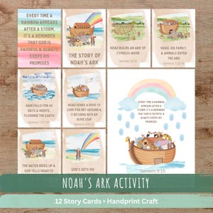 May include: A set of Noah's Ark story cards featuring watercolour illustrations of animals, the ark, and rainbows. Each card includes descriptive text such as 'Every time a rainbow appears after a storm, it's a reminder that God is faithful & always keeps his promises.'