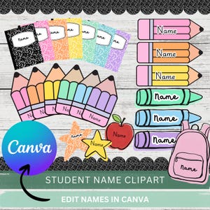 Op de afbeelding: Een verzameling digitale clipart met een schoolthema, waaronder schriften, potloden, kleurpotloden, een rode appel, een ster en een roze rugzak. Elk item bevat een wit label met de tekst Name. De afbeelding bevat het Canva-logo en tekst.
