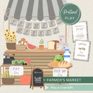 May include: An illustrated farmer's market scene with a striped awning and various food items, including bread, watermelon, and cheese. Signs read "Farmer's Market", "Pay Here", and "Pick Up Here". A sign says "Support Local Farmers".