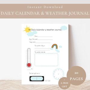 Dagelijkse kalender en weerdagboek voor kinderen Afdrukbaar PreK tot 3e leerjaar - Kleuterschool Homeschool Ochtendmenu - Weertrackergrafiek - Kalenderkaarten