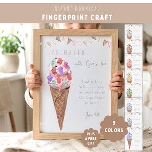 Ice Cream Sprinkles Fingerprint Craft Printable-Sprinkled With God's Love Art-1 John 4:16 Bible Verse-Hand Print Painting Activity