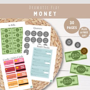 Money Currency Printables For Dramatic Pretend Play-Dollar Bills, Coins, Checks, Credit & Debit Card, Budget Jars-Classroom Economy