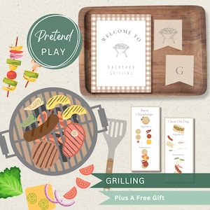 May include: An illustration of a backyard grilling scene with a grill, food, and welcome sign. The sign reads "Welcome to Backyard Grilling" with a gingham border. Includes a "Pretend Play" circle and recipe cards.