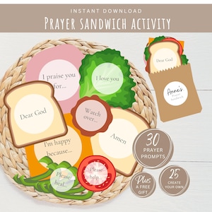 Puede incluir: Descarga digital de "Actividad Sándwich de Oración" con elementos de sándwich ilustrados y frases de oración como "Querido Dios" y "Te amo". Incluye 30 frases de oración y un regalo gratis.