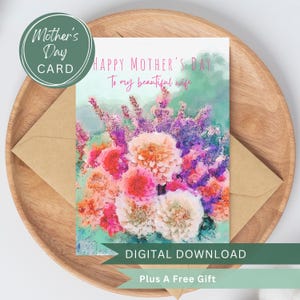 Utskrivbart mors dag-kort till frun från maken - Blommigt tomt gratulationskort för direkt digital nedladdning för make/maka - Akvarell dahliabukett