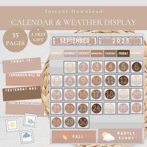 Classroom Calendar & Weather Display Prints-Pocket Calendar Printable-Neutral Brown Polka Dots-Spotty Class Decor-DIY Bulletin Board Prints
