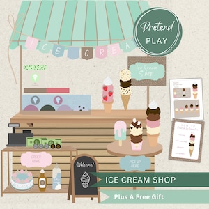 May include: An illustrated ice cream shop scene with a mint green awning and a banner that says "ICE CREA". The shop features various ice cream cones and popsicles, a cash register, and signs that say "Order Here" and "Pick Up Here".