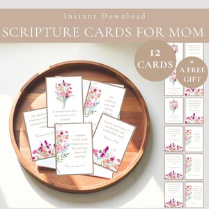 Cartões de Escrituras Cristãs para Mães, Impressão Floral Rosa em Aquarela - Etiqueta de Presente, Cartão, Bíblia, Afirmações para Mães, PDF