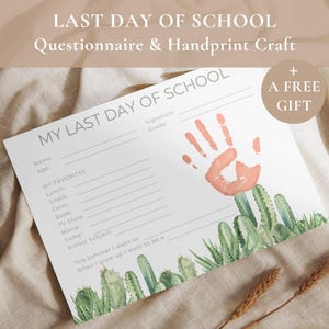 Letzter Schultag Fragen & Handabdruck Kaktus Sukkulente Pflanze Kind Handwerk-Homeschool Schulabschluss Fragebogen Fragebogen-Kinderinnerungen