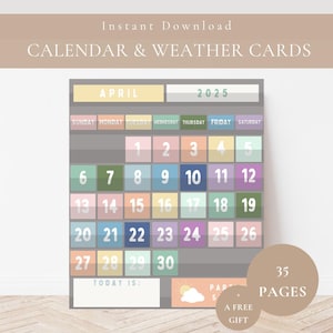 Calendario minimalista de aula con arcoíris pastel colorido y exposición meteorológica, impresiones digitales en PDF para calendario de bolsillo - Tablón de anuncios para la educación en casa